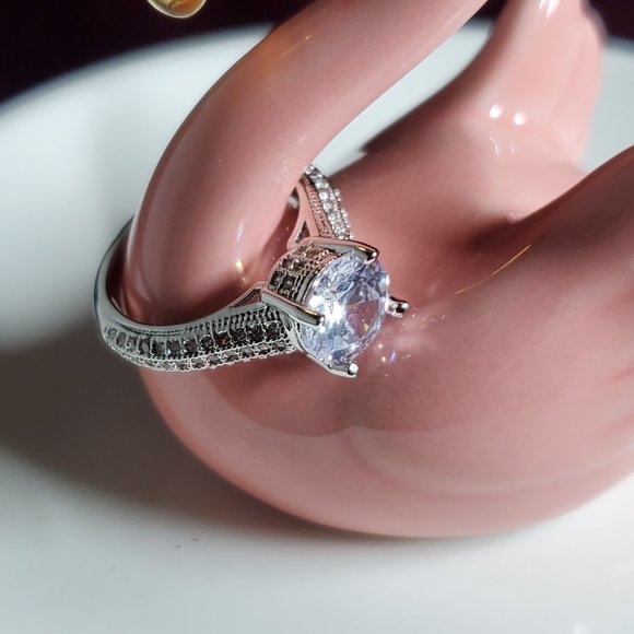 Xena Engagement Ring - 18K Platinum Plated Copper - Pave CZ- Crown Setting. - Picture 5 of 16